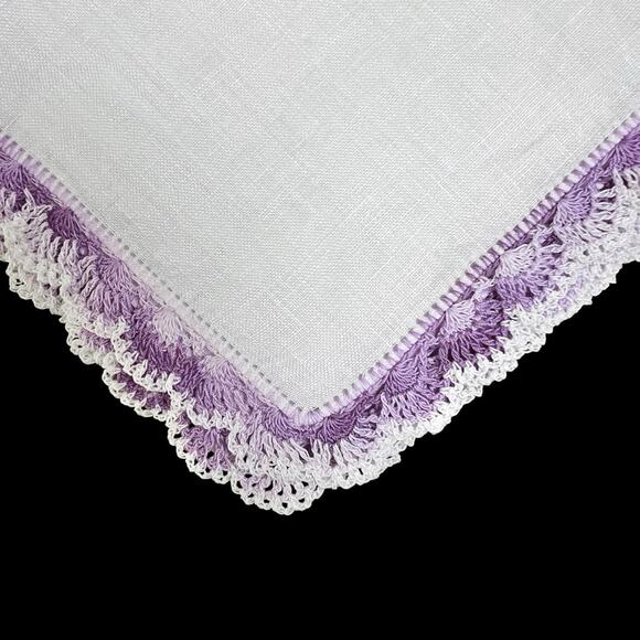 Vintage White Handkerchief Scalloped Edge Purple Crochet Trim Hankie 12x12 - Picture 1 of 9
